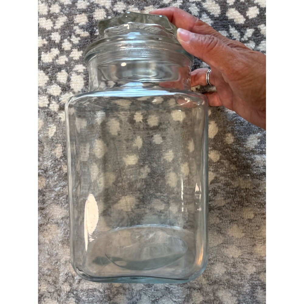 Vintage Anchor Hocking Clear Glass Square Apothecary Jar with Sunburst Lid USA